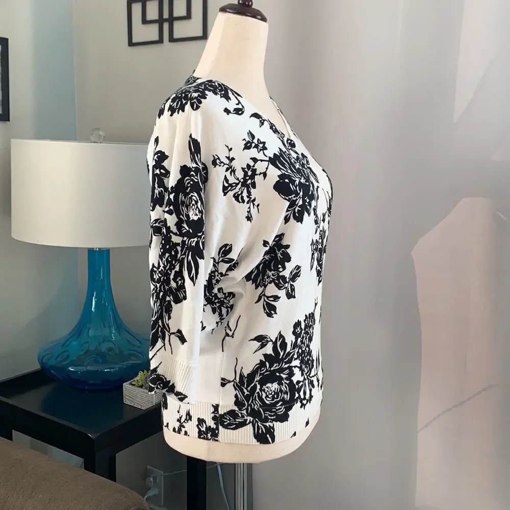 Joan Vass 3/4 sleeve floral print blouse sz xs